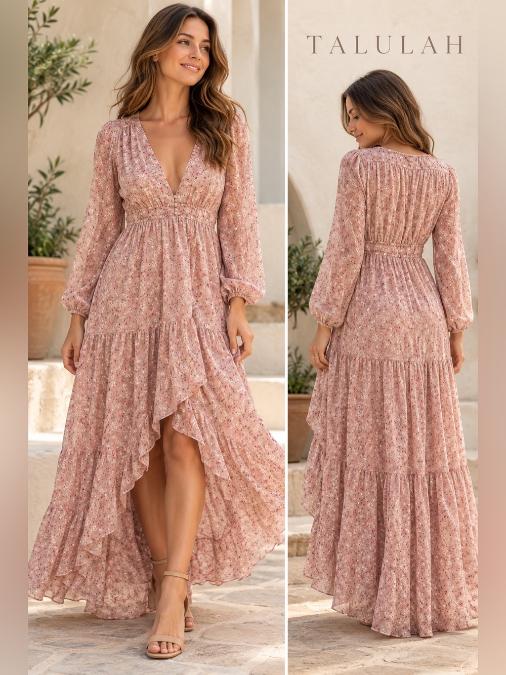 Talulah Pink Floral Long Sleeve Tiered Maxi Dress Size S